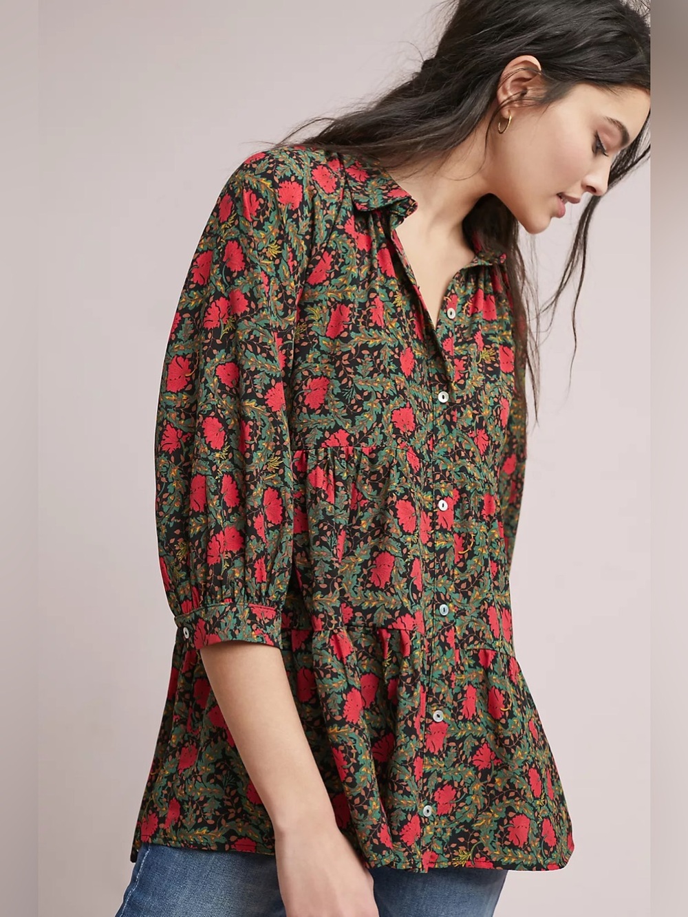 Anthropologie Eri + Ali Iona Floral Soft Swing Blouse S Small Red Green Floral